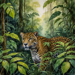 Rainforests of the Amazon with Jaguars  A watercolor of a jaguar stalking through dense undergrowth in the Amazon rainforest.