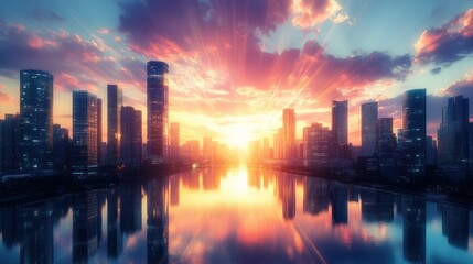Fototapeta premium Futuristic Cityscape at Sunset with Skyscrapers Reflections in a Smart Financial District for Business and Corporate Templates