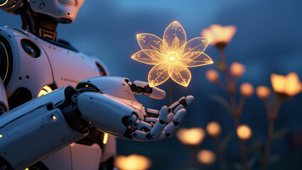 Futuristic Robot Holding Glowing Flower in Nighttime Sci-Fi Setting