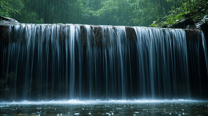 Tranquil Waterfall Cascading Through Lush Rainforest During a Summer Rain