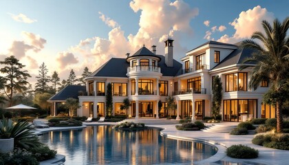Obraz premium Luxury Mansion at Sunset: Architectural Marvel by the Pool