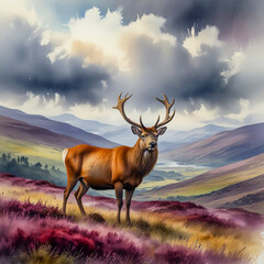 Fototapeta premium Scottish Highlands with Red Deer A watercolor of a red deer stag standing on a heather-covered hillside in the Scottish Highlands.