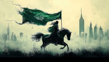 Naklejka premium Heroic Figure Riding Horse with Green Flag in Watercolor Style for National Celebration