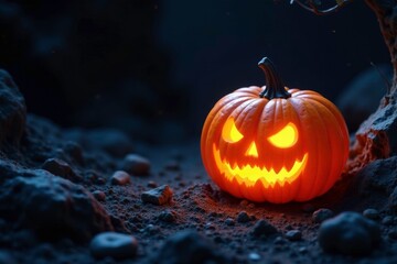 Naklejka premium Crystal pumpkin glowing in the darkness of a cave, mysterious, dark, shadows
