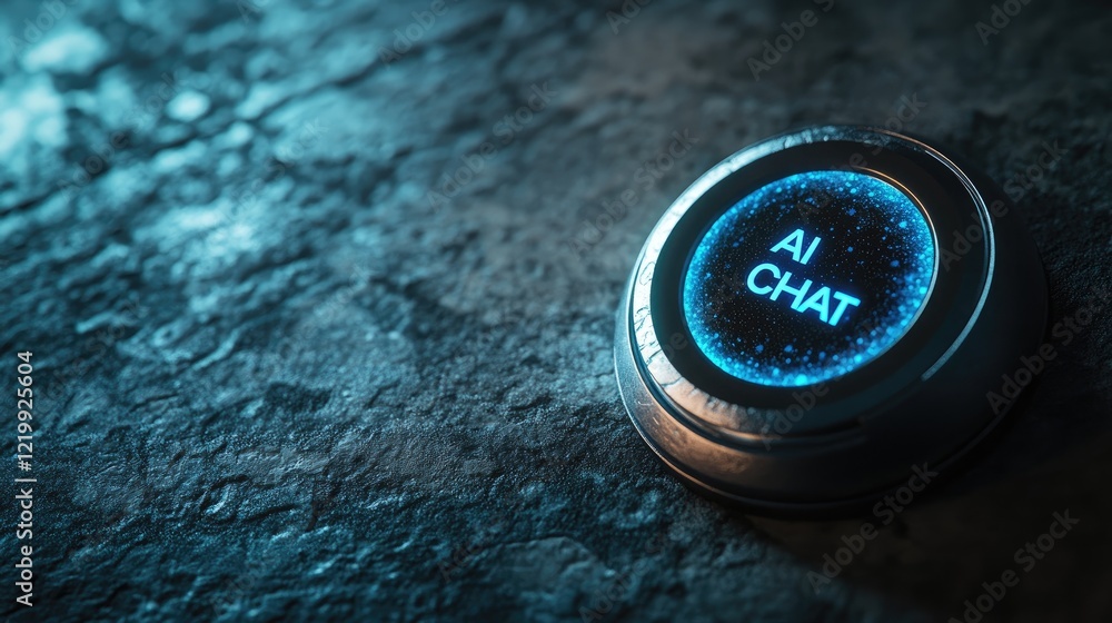 Poster ai chat button on dark surface, futuristic tech concept