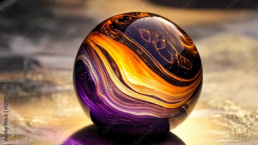 Poster captivating swirl of colors in a mesmerizing orb resting on a shimmering surface as light dances aro
