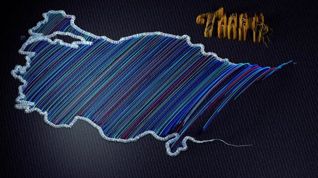 3D animation of an embroidered map of Turkey. The colorful threads and fabric are shown from various perspectives, with motion effects highlighting the details and the word Turkey.