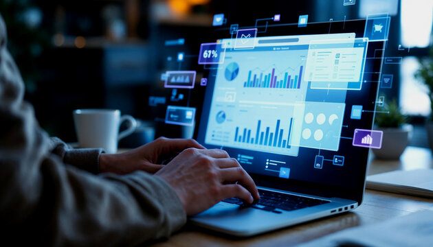 Person Working on Laptop with Data Visualization Interface