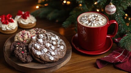 A red mug with whipped cream sits on a wooden table next to a plate of cookies