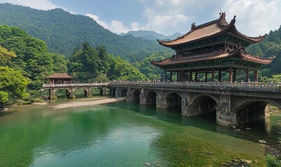 Naklejka premium Ancient bridge and pavilion in mountainous landscape with green river