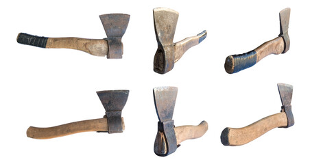 old working axe with rust on the blade from different angles