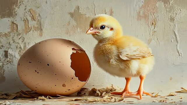 Newborn chick emerges from its shell in a serene, rustic setting just moments after hatching. Generative AI
