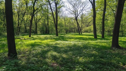 Fototapeta premium Sunlit Forest Scene: A Tranquil Green Haven