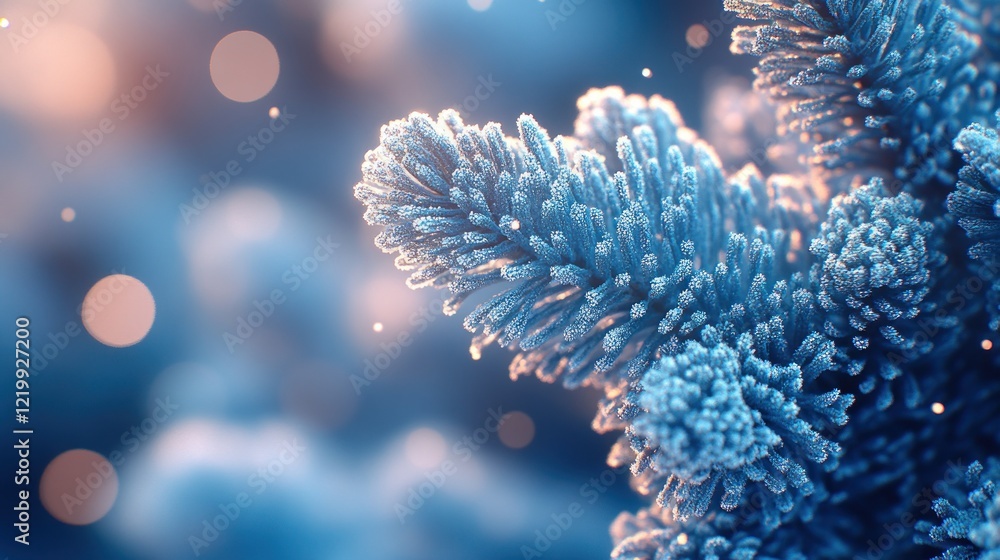 Poster close-up of a frosted pine branch with a bokeh background.