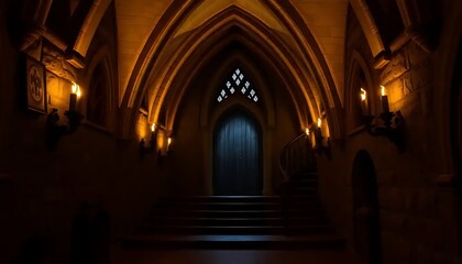 Obraz premium Dark Hallway Leading to a Mysterious Door