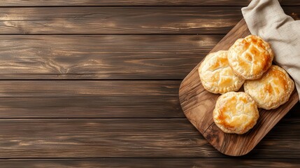 Fototapeta premium Rustic cheese and onion hand pies arranged on a wooden board, warm golden tones, inviting homemade concept