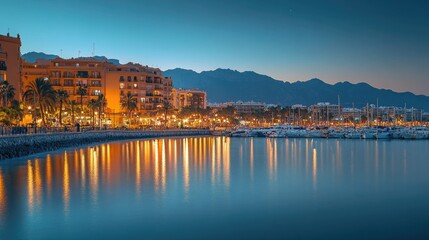 Obraz premium Coastal Town Night Lights Marina Reflection