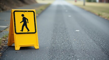 A pedestrian crossing sign stands near an asphalt road, warning drivers to exercise caution and be mindful of pedestrians.