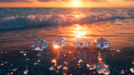 Four sparkling diamonds are arranged on a black beach as gentle ocean waves lap at the shore during a vibrant sunset. Diamond Shore. Illustration