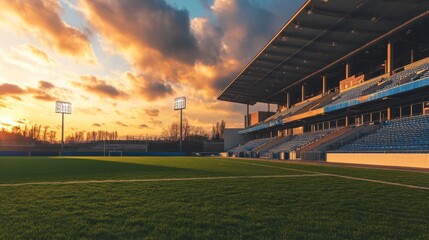 Fototapeta premium Empty football stadium under dramatic sky, showcasing solitude and anticipation in sports, symbolizing moments of pause before the roar of the crowd returns.