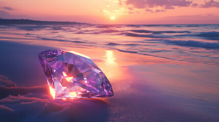 Glowing diamond on the beach. Diamond Shore. Illustration
