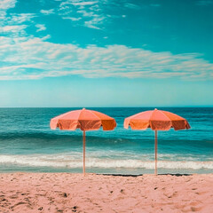 A tranquil beach day scene with pink umbrellas, calm ocean waves, and a soft pastel palette, evoking dreamy, whimsical summer vibes by the sea.