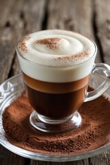 A layered coffee drink topped with frothy milk and cocoa powder, served on a wooden table.
