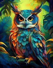 Obraz premium Portrait, a owl in a rainforest, vibrant colours, 3D, acrylic painting