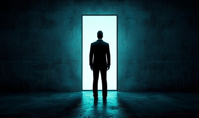 Obraz premium Businessman standing before bright doorway in dark room, symbolizing opportunity or new beginnings