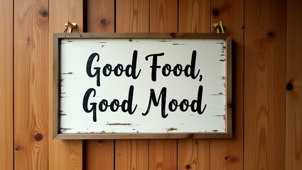 good food good mood is displayed in minimalist lettering on a distressed vintage wood signboard