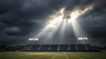 Empty football stadium under dramatic sky, showcasing solitude and anticipation in sports, symbolizing moments of pause before the roar of the crowd returns.