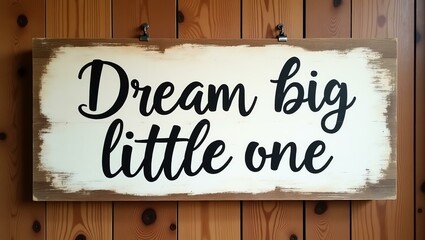 dream big little one is displayed in minimalist lettering on a distressed vintage wood signboard