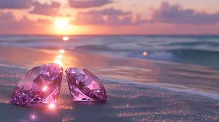 Obraz premium Two pink diamonds on the beach at sunset, with the sand beneath them and the water and sky in the background the diamonds sparkle in the light, creating a beautifu. Diamond Shore. Illustration
