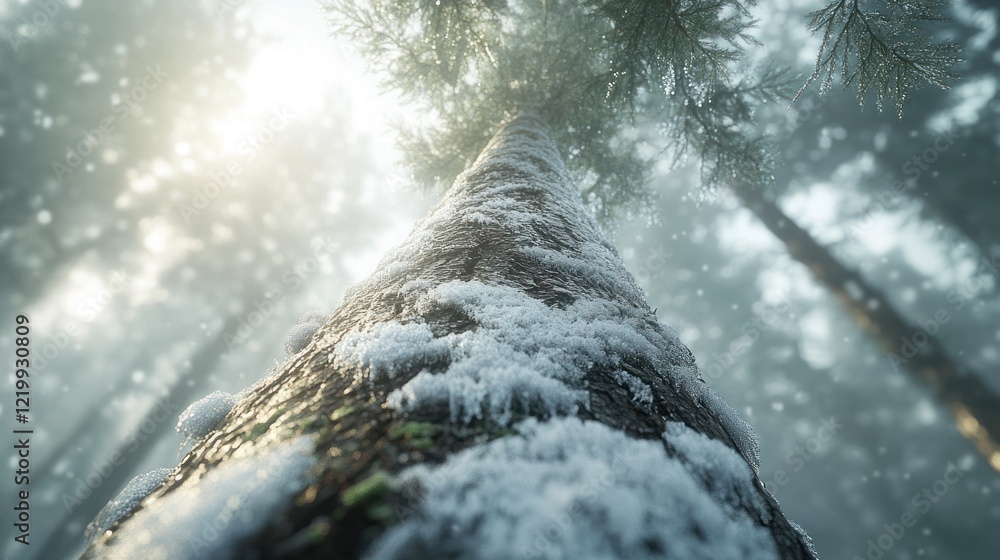 Poster low angle view of a snow-covered pine tree in a foggy forest.