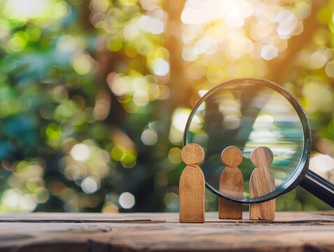 Wooden figurines viewed through a magnifying glass, set against a bokeh background.  A concept of observation, selection, or review.