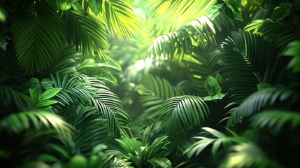 Lush green tropical foliage with sunbeams filtering through the leaves.
