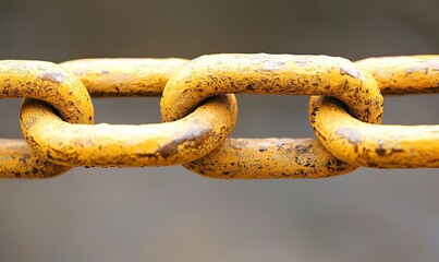 Fototapeta premium Close-up of weathered yellow chain links against blurred background, ideal for industrial concepts
