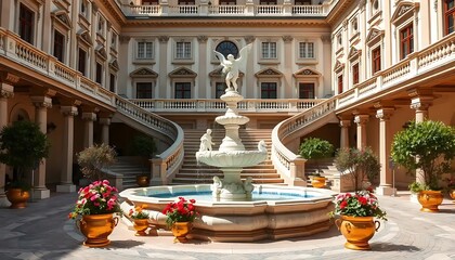 Elegant Courtyard Fountain with Angel Statue and Grand Staircase