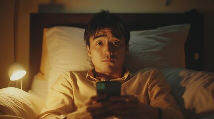 Frustrated Asian man lying on a bed in a dimly lit room, staring at his smartphone. A desk lamp casts a soft glow, reflecting his feelings of stress and disappointment.