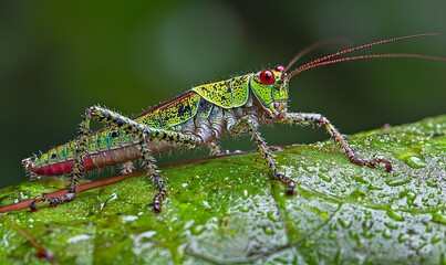 Fototapeta premium Colorful grasshopper on dewy leaf in rainforest