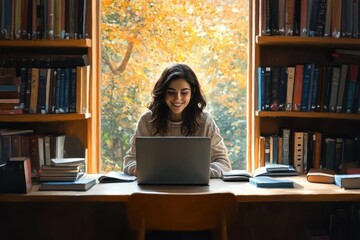 Indian woman student working on laptop in library happy smiling professional cozy warm light portrait educational workplace