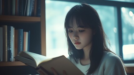 Young Asian student browsing a library shelf, focused on a section of books with soft light streaming in, creating a serene learning environment.