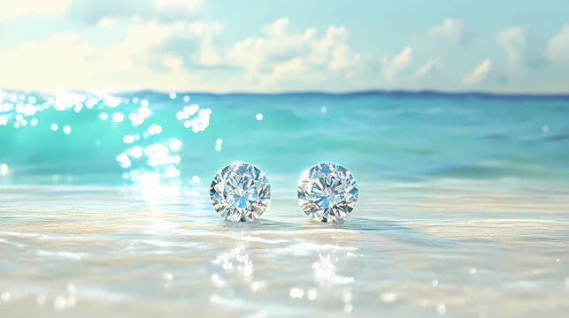 A pair of elegant diamond earrings displayed against a serene ocean backdrop. Diamond Shore. Illustration