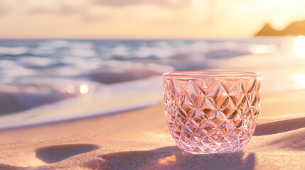 Fototapeta premium A pink crystal glass with a diamond pattern sits on sandy beach, with a blurred ocean background. Diamond Shore. Illustration