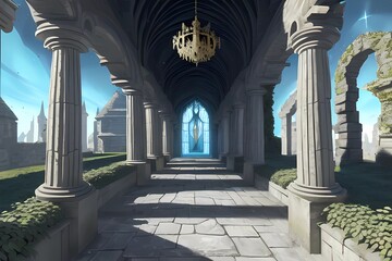 ゲーム背景　明るい屋外の王宮にある屋外通路