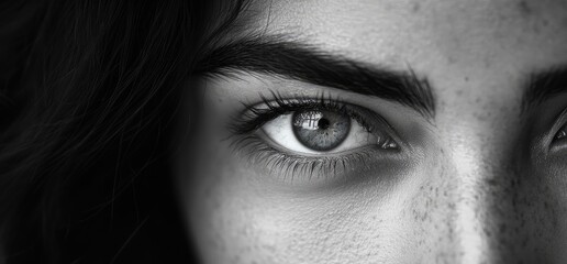 Fototapeta premium Close-up eye, woman, freckles, dark hair, monochrome