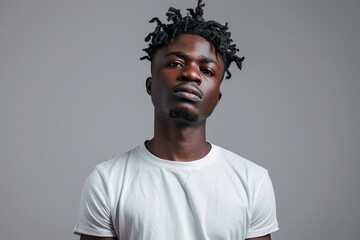 Fototapeta premium Portrait of a young Black man with a serious expression, wearing a white t-shirt against a gray background. His unique hairstyle adds to his striking look.