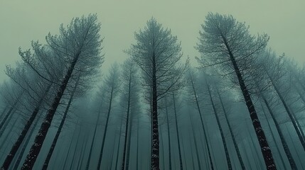 Tall trees stand in a misty forest, viewed from a low angle.
