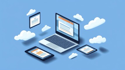 Cloud computing devices, digital data sharing, online access, global network, isometric illustration.  Website design