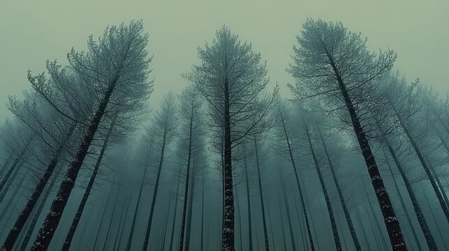 Tall trees stand in a misty forest, viewed from a low angle.